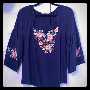 Navy Blouse with Floral Embroidery